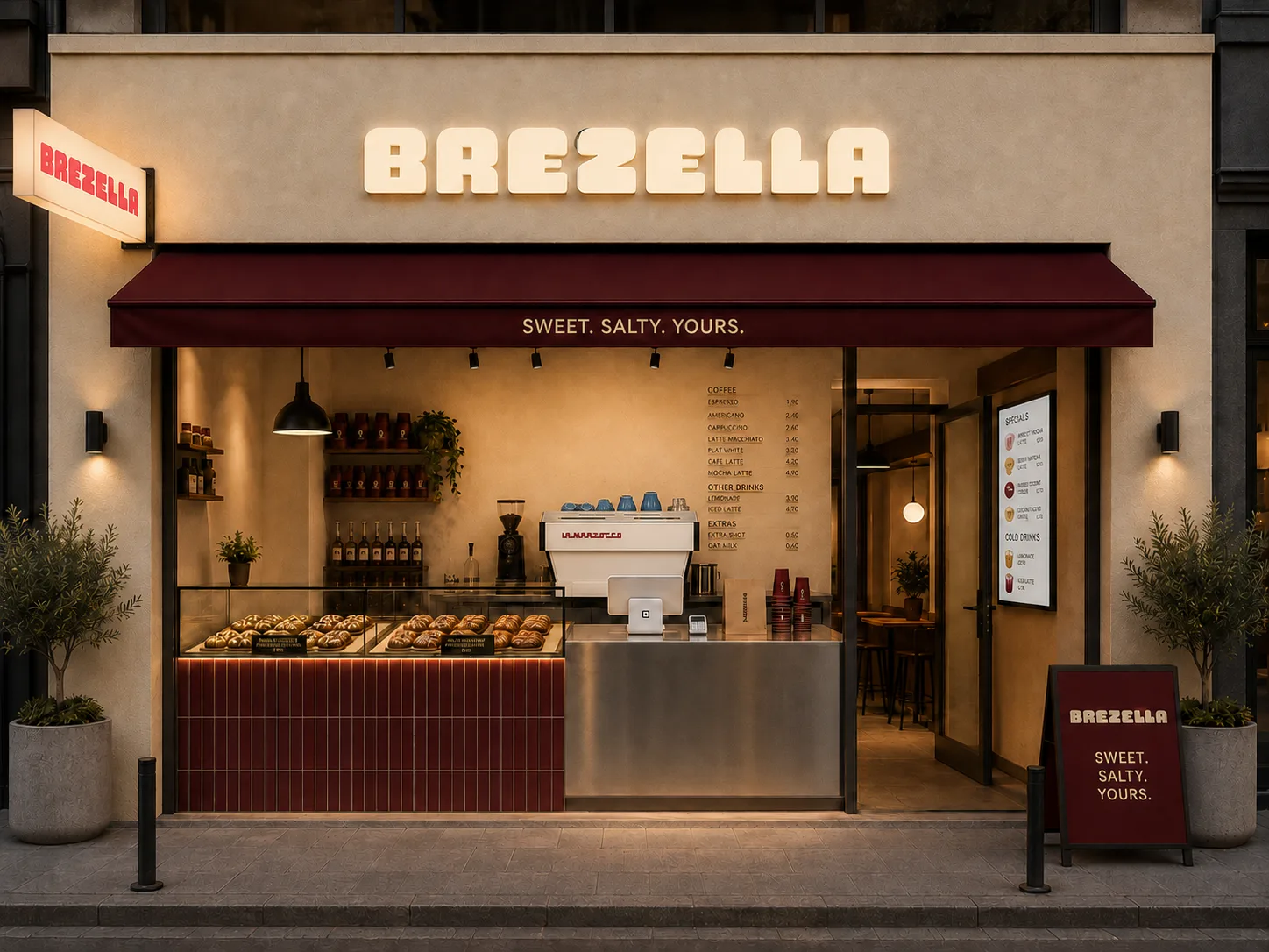Beleuchtete Brezella Filiale am Abend. Offene Theke mit Brezelvitrine, Kaffeemaschine und Kundenstopper mit dem Claim Sweet. Salty. Yours.