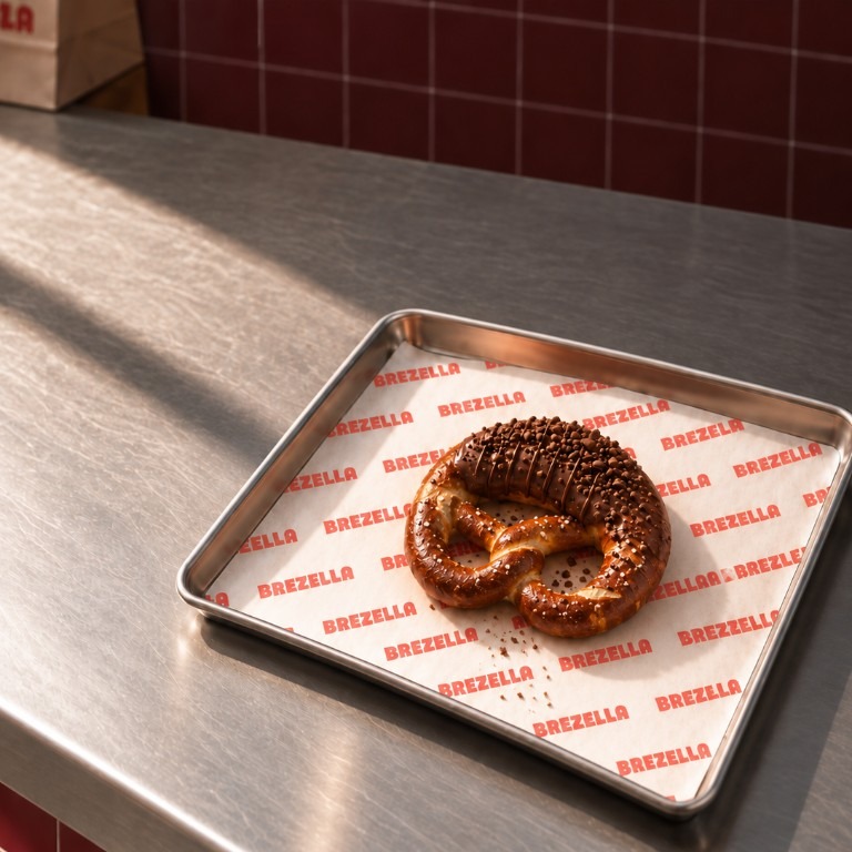 Laugenbrezel mit Schoko-Crunch auf Brezella Pergament im Metallblech.