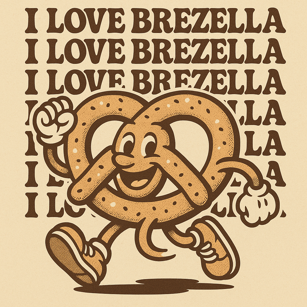Illustrierte Brezel Figur an einer I love Brezella Wand. Zweifarbig und freundlich.