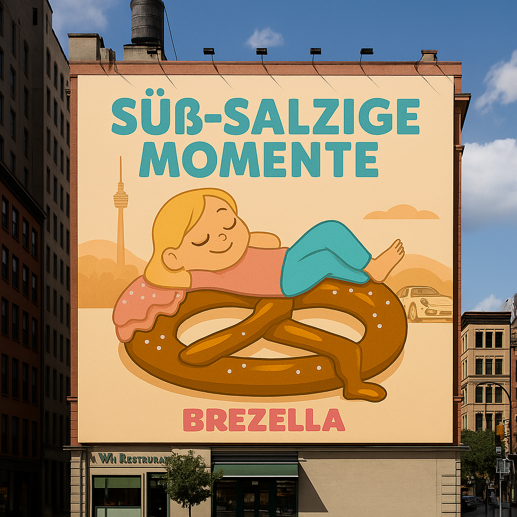 Brezella Leuchtreklame im Fenster. Abendlicht, klarer Auftritt.